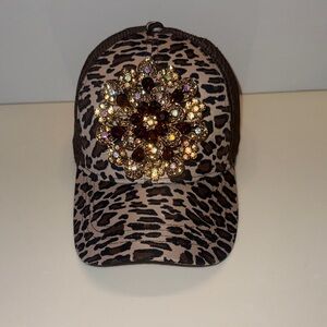 Leopard Print Cap with Jewel Embellishment